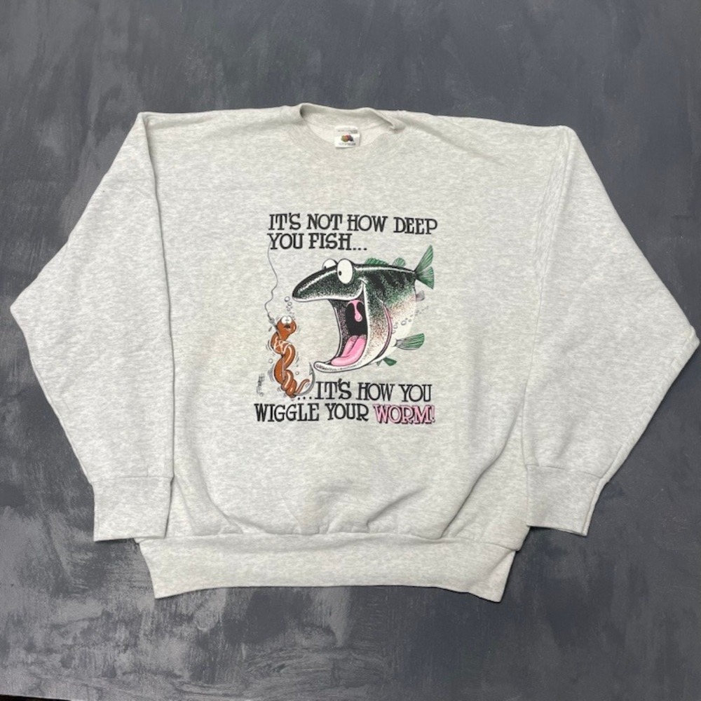 Vintage Fruit Of The Loom Sweatshirt XL Grey 90s Excellent Fishing Graphic Humor